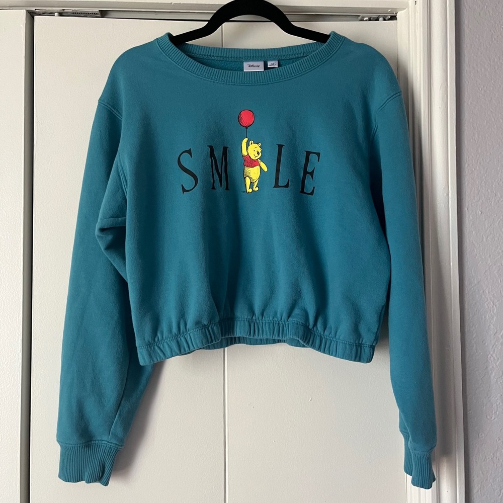 Disney Winnie‎ The Pooh Smile Teal Blue Crop Top Sweatshirt - Large